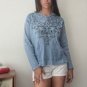 Style & Co. Sport Women's 1X Blue Waffle Knit Hoodie Long‎ Sleeve Button Up